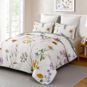 Floral Quilt Set King Size, Green Yellow Botanical Flower Quilt Bedding Set 3... - Picture 1 of 9
