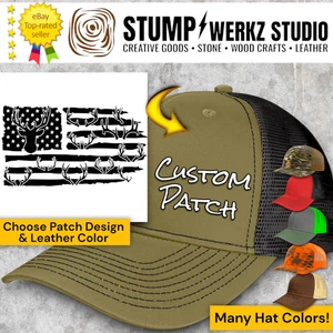 Custom Hat Trucker Baseball Cap Richardson Leather Patch Hunting US Flag Antlers - Picture 1 of 21