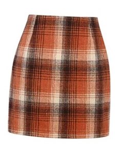 Womens High Waist Plaid Skirt Bodycon Pencil Wool Mini Skirts Medium Orange - Picture 1 of 7