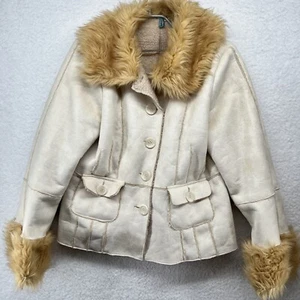 VINTAGE PowWow Mantel mit Kunstfellbesatz Damen L Sherpa Futter Wildleder - Bild 1 von 20
