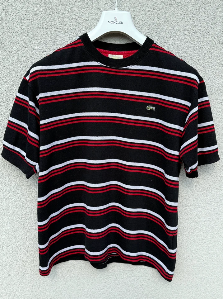 LACOSTE T Shirt Mens MEDIUM to LARGE Striped Black White Red Vintage Crew Neck - Image 1 of 4