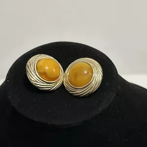 Vintage Chunky 80s Yellow Circle Earrings Cabochon Brushed Gold Tone Clip-on - Picture 1 of 6