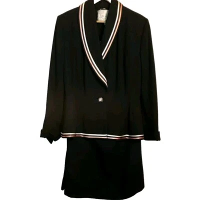 Lilli Ann 1940s/50s Black Corrugated Wool Trimmed Suit Full Peplum 29" Waist M - Image 1 of 4