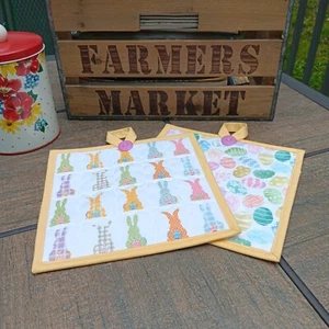 POTHOLDER HOT PAD SET - HANDMADE QUILTED EASTER SPRING (2) WITH HANGING LOOPS - Picture 1 of 4