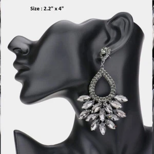 Marquise Leaf Long Dangle Crystal Rhinestone Wedding Cocktail Pierced Earrings - Picture 1 of 14