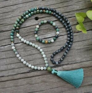108Beads Africa Turquoise/Peace Stone Round Long Tassel Necklace Bracelet Set