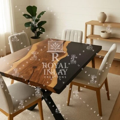 Black Resin and Live Edge Wood Dining Table – Bold Modern Luxe Statement Piece - Image 1 of 4