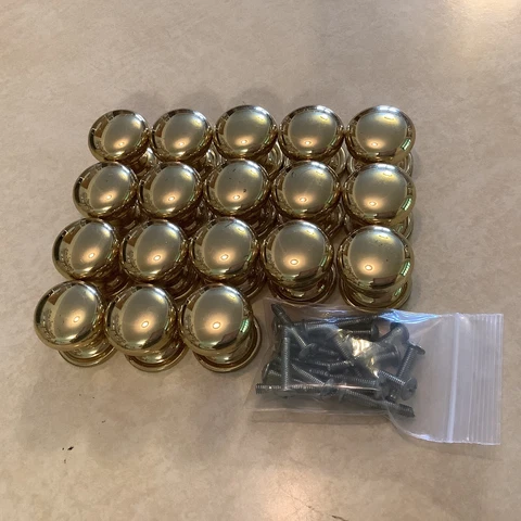 Vintage Lot of 18 Drawer Pulls Knobs Solid Brass Handle Heavy Pull 1 1/8” Dia Cover