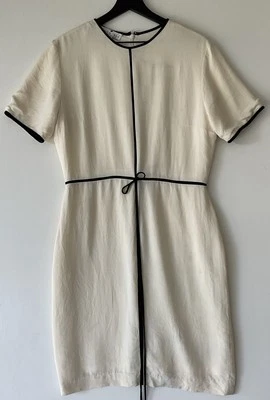 Vestido The Works Saks Fifth Avenue 100 % seda marfil negro ribete talla 10 * DEFECTOS * Foto 1 de 4