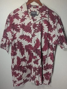 Eddie Bauer Hawaiian Shirt LARGE Linen Cotton Blend Red Taupe Tropical Camp - Picture 1 of 7