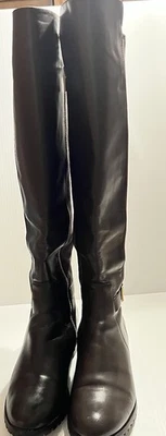 Michael Kors Brown Leather Fabric  Riding Boots Gold Buckle Logo Size 9 High - Image 1 of 4