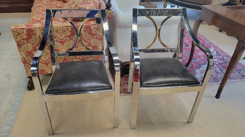 KARL SPRINGER Pair of Chrome & Leather Regency ARMCHAIRS Gold Brass BH3 Cover