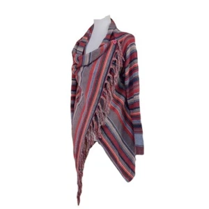 Wrap Sweater Multicolor Stripe Asymmetric Boho Fringe Western Cardigan Medium - Picture 1 of 11