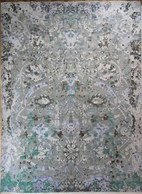 Alfombra de lana y seda abstracta contemporánea moderna verde gris azul hecha a mano 9x12 Foto 1 de 4