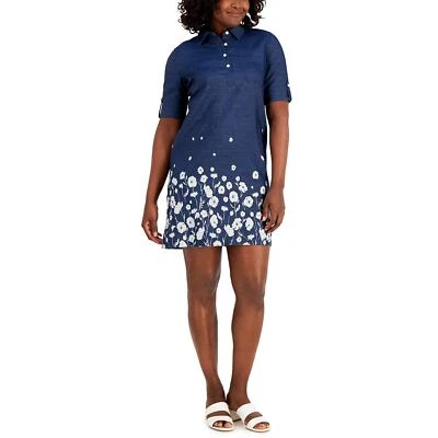 KAREN SCOTT Petite Blue Floral-Print Short-Sleeve Collar Mini Denim Dress SZ P/P - Изображение 1 из 4