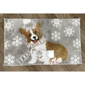 CORGI dog IN SCARF Bath Mat Area Rug Dog Plush Christmas Winter Snowflakes NEW! - Picture 1 of 6