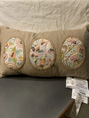 24x13 BURLAP OATMEAL EMBROIDERED EASTER EGG THROW PILLOW FLORAL BIRDS PASTELS  - Image 1 of 4