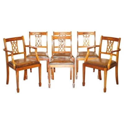 SEIS SILLAS DE COMEDOR VINTAGE RESTAURADAS TEÑIDAS A MANO CUERO MARRÓN MARCO TALLADO A MANO Foto 1 de 4