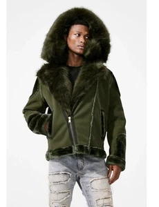 JORDAN CRAIG EL JEFE SHEARLING MOTO JACKET COAT MENS FAUX FUR OLIVE DARK GREEN - Picture 1 of 7