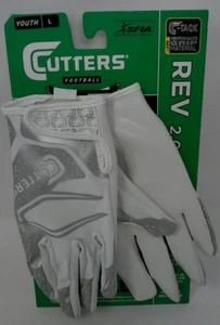 Cutters Football Rev 2.0 Receiver Silver and White Football Gloves- Size:Youth L - Picture 1 of 2