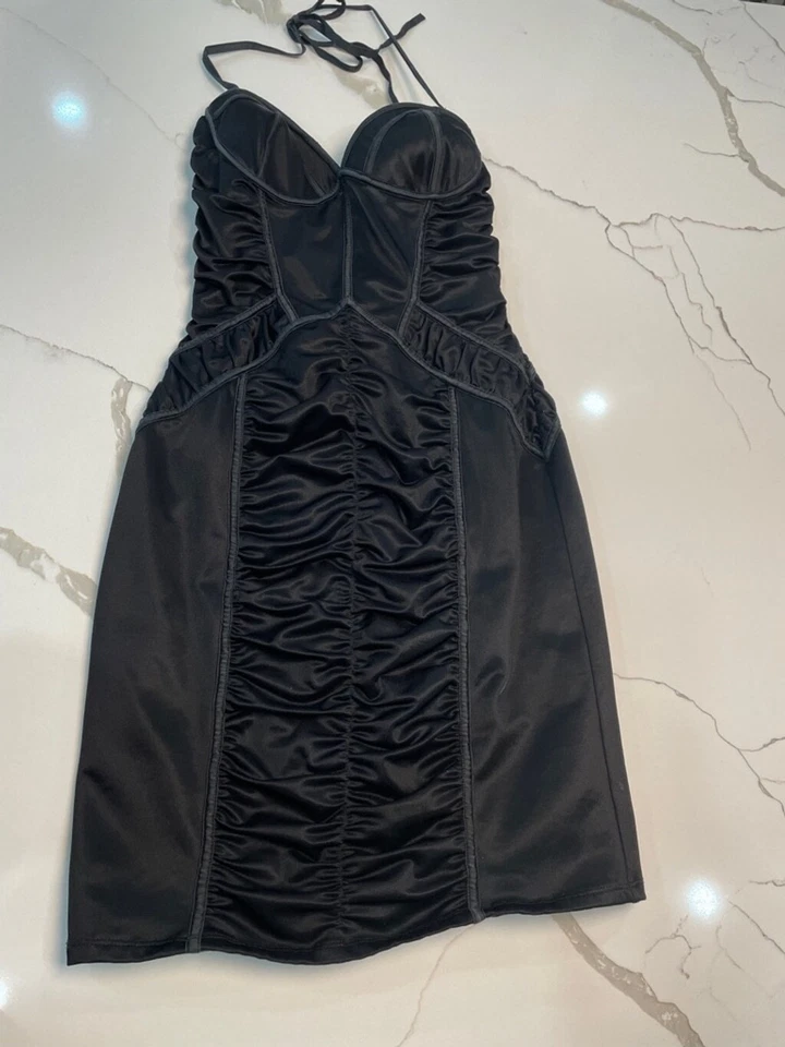 Bebe Silk Satin Bodycon Halter Dress S Black Sexy Club Vamp Dark Femme Y2K - Image 1 of 4