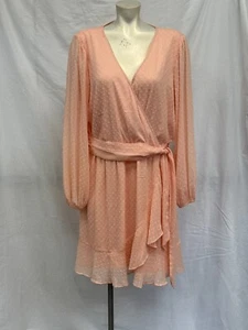 LC Lauren Conrad Womens Pink Balloon Sleeve Wrap Mini Dress Size XL Belted Waist - Picture 1 of 10