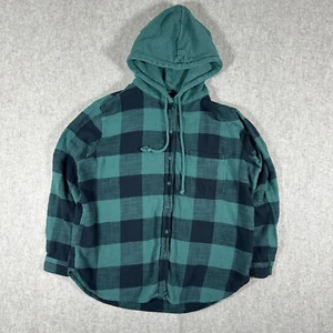 American Eagle Men Medium Green Hooded Drawstring Button Up Pocket Flannel - Picture 1 of 8