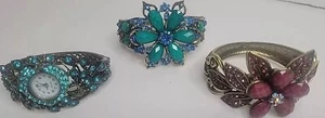 Lot Of 3 Vintage Hinged Bracelets/ Watch ~ Peacock ~ Burgundy ~ Blue  - Picture 1 of 5