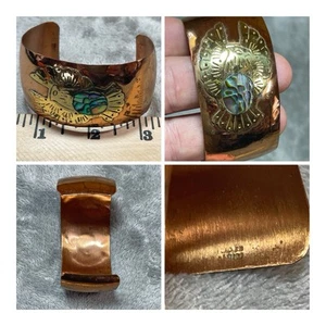 Vintage Abalone Copper Brass Eagle WIDE Cuff Bracelet 6” Signed !! - Picture 1 of 8