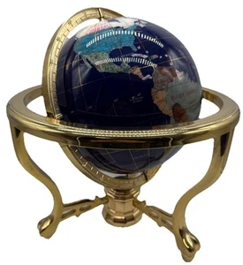 14" Tall Blue Lapis Ocean Gemstone World Globe & Tripod Gold Stand & Compass - Picture 1 of 13