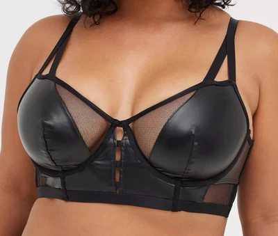 Torrid Black Faux Leather & Mesh Unlined Longline Underwire Bralette Size 0 *NEW - Image 1 of 4