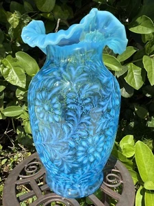 Vintage Fenton Blue Opalescent Daisy & Fern Floral Ruffle Top Large Vase 10” - Picture 1 of 8