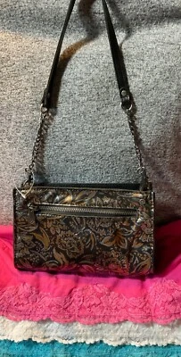 Patricia Nash Black Silver & Brown Leaves Italian Leather Credit Card Zip Hobo - Image 1 of 4