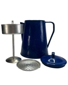 Enamel Ware Cowboy Coffee Pot Blue Speckled Kettle Camp Vintage - Picture 1 of 24