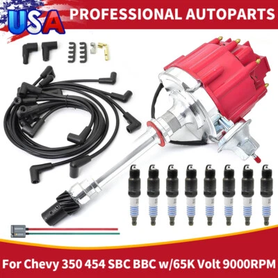 GM08 HEI Distributor+Spark Plug+Wire for Chevy 350 454 SBC BBC w/65K Volt9000RPM - Image 1 of 4