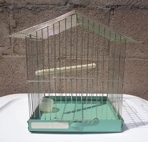 Vintage Small House Folding Metal Bird Cage. Transport or Mouse. Dropping Tray Cover