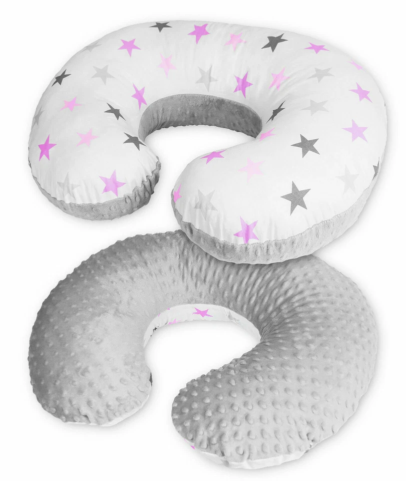 BABY FEEDING PREGNANCY PILLOW COVER NEWBORN NURSING DIMPLE Grey/ Pink grey stars - Image 1 of 1