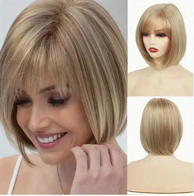 Peluca elegante corte bob con flequillo lateral para mujer - Peluca sintética corta recta Foto 1 de 4