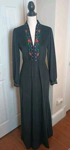 Vtg Shadowline Women's S Robe Zip Up Long Poly Velour Black Floral Step In USA - Picture 1 of 13