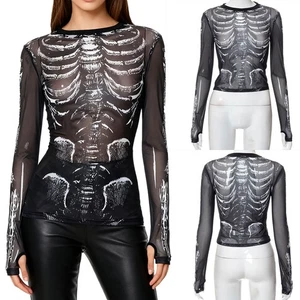 Women's Skeleton Print Round Neck Crop Top Mesh Sheer Tee Shirt Blouse Tops - Picture 1 of 18
