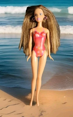 芭比海滩派对! Color Change Diver Doll Teresa 棕色 头发 粉红色 条纹 美泰 — 第 1/4 张图片