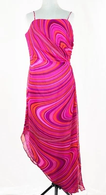 JS Collections Cocktail Dress 100% Silk Chiffon Pink Orange Swirl Lined Size 12 - Image 1 of 4