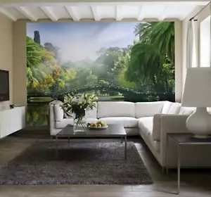 Tropical Garden Wall Mural 144Wx100H Removable| Landscape Palm Tree Green Lake - Picture 1 of 4