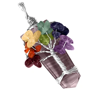 Rainbow Fluorite Crystal Tree Of Life 7 Chakra Pendant Silver Wire Wrap Necklace - Picture 1 of 9