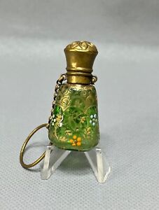 19c. Victorian Moser Bohemian Chatelain Perfume Bottle Green Glass Enamel Gold