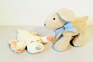 Lot of 2 Carter's Tan PUPPY DOG Gingham Bow Rattle Stuffed Animal Plush 7" - 9" - Picture 1 of 9