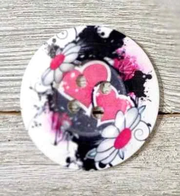 heart large wood sewing button 4 holes 2 inch red black hearts 1pc - Image 1 of 2