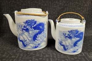 Vintage Pair of Chinese Dragon & Koi Fish Teapots w/Handle-White w/ Blue Design - Picture 1 of 19
