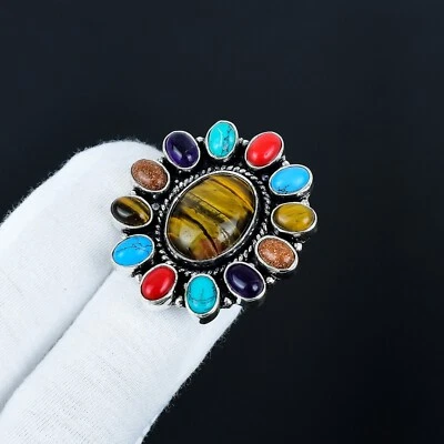 Tiger Auge,Rote Koralle & Multi Edelstein Ring,Handgefertigt 925 Sterlingsilber - Bild 1 von 4