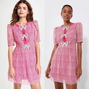 Saloni Pink Indianblock Print Silk Crystal Pearl Bow Mini Dress size UK 14/US 10 - Picture 1 of 11